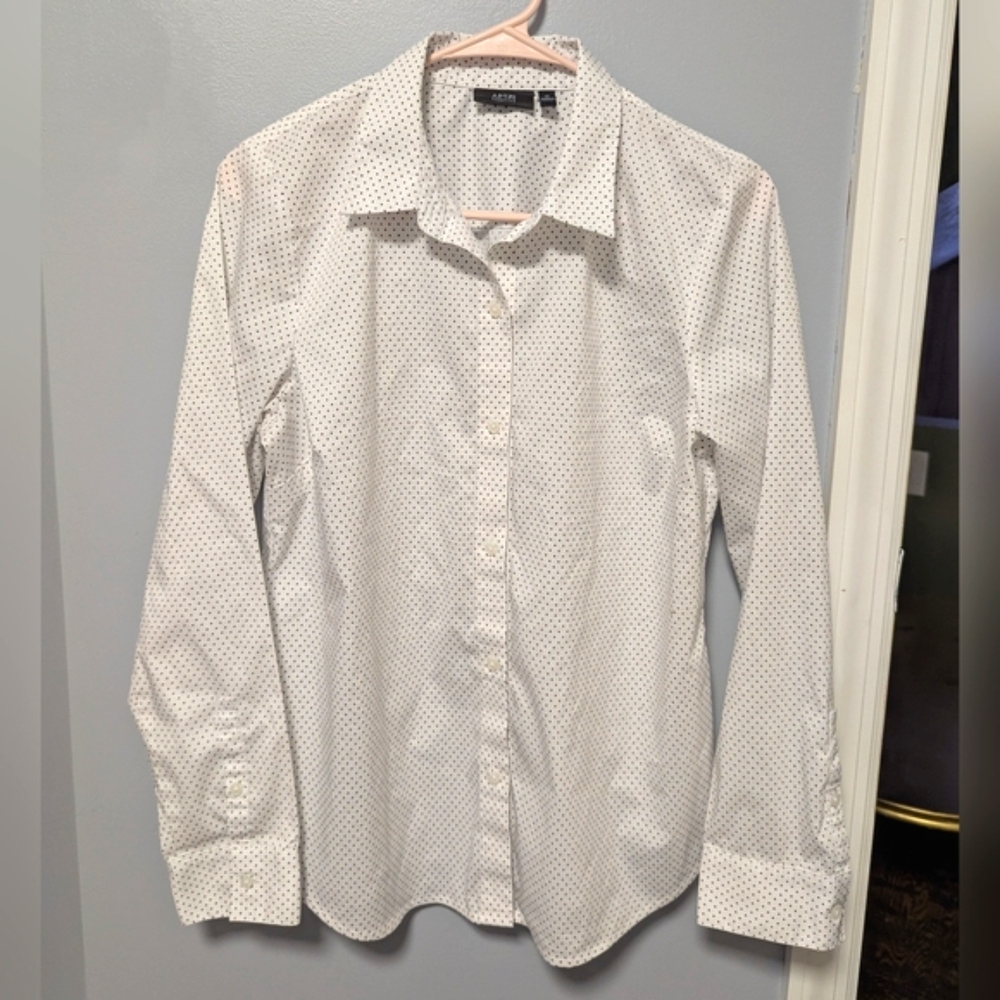 EUC Crisp White Polka Dot Button Down Dress Shirt Collared Career Top Classic